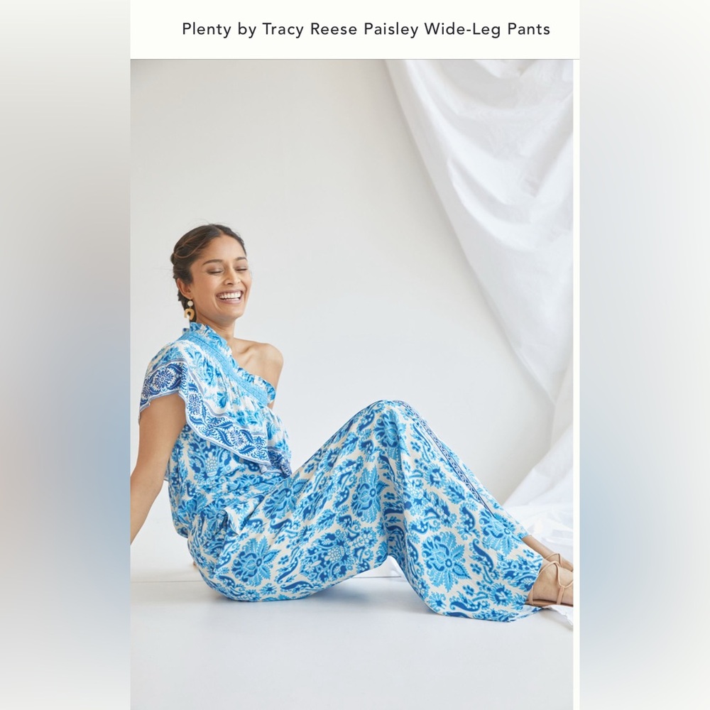 Plenty by Tracy Reese x Anthropologie White and Blue Paisley Wide Leg Pants
